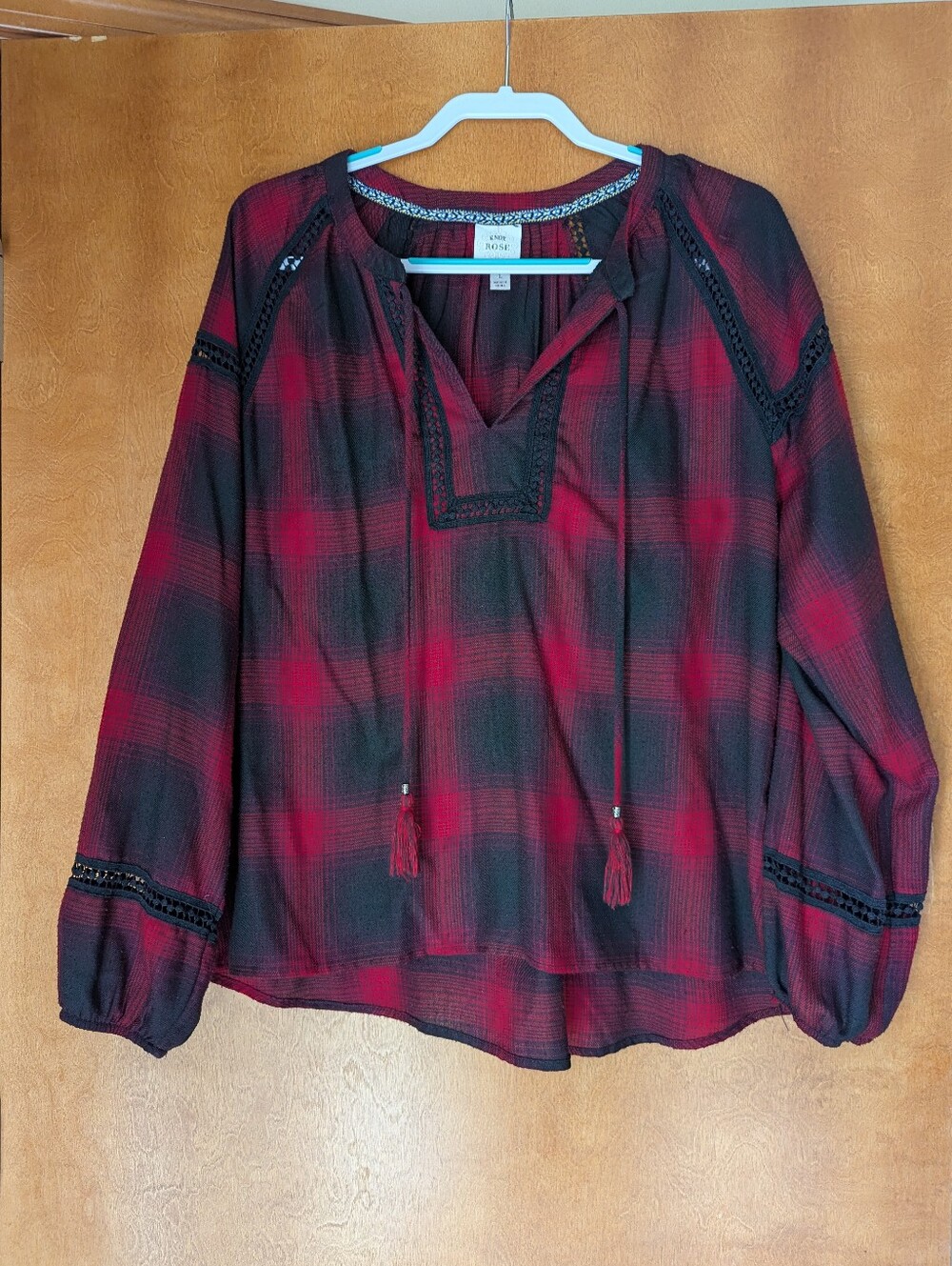 Women’s Red Plaid Peasant Blouse - Lightweight Long Sleeve Flannel, Super Cute